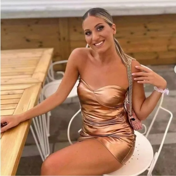 Zara bronze foil mini dress BLOGGERS FAVORITE!! NWT - Picture 6 of 14